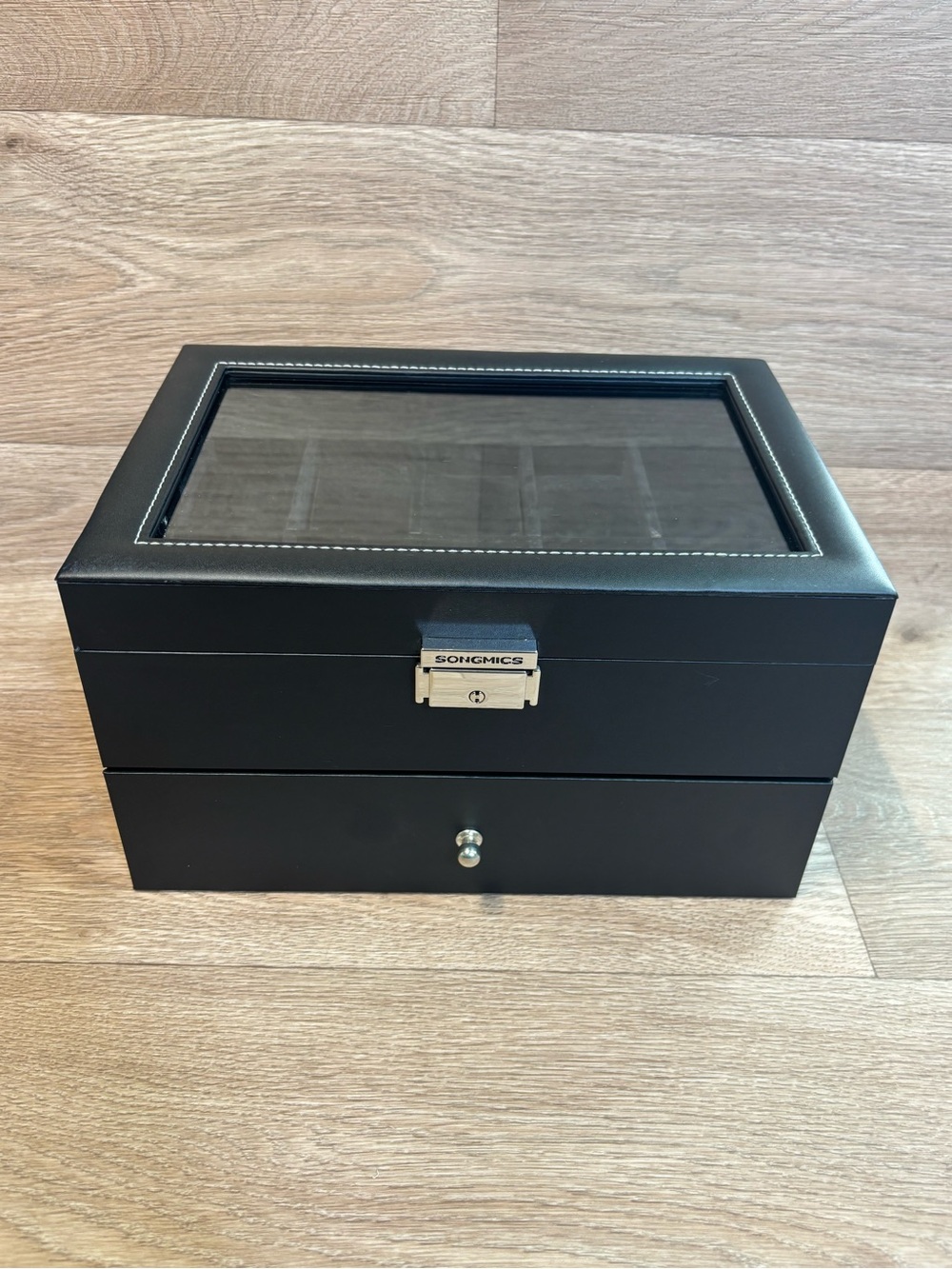 Black Jewelry and Watch Organizer Box with Glass Display